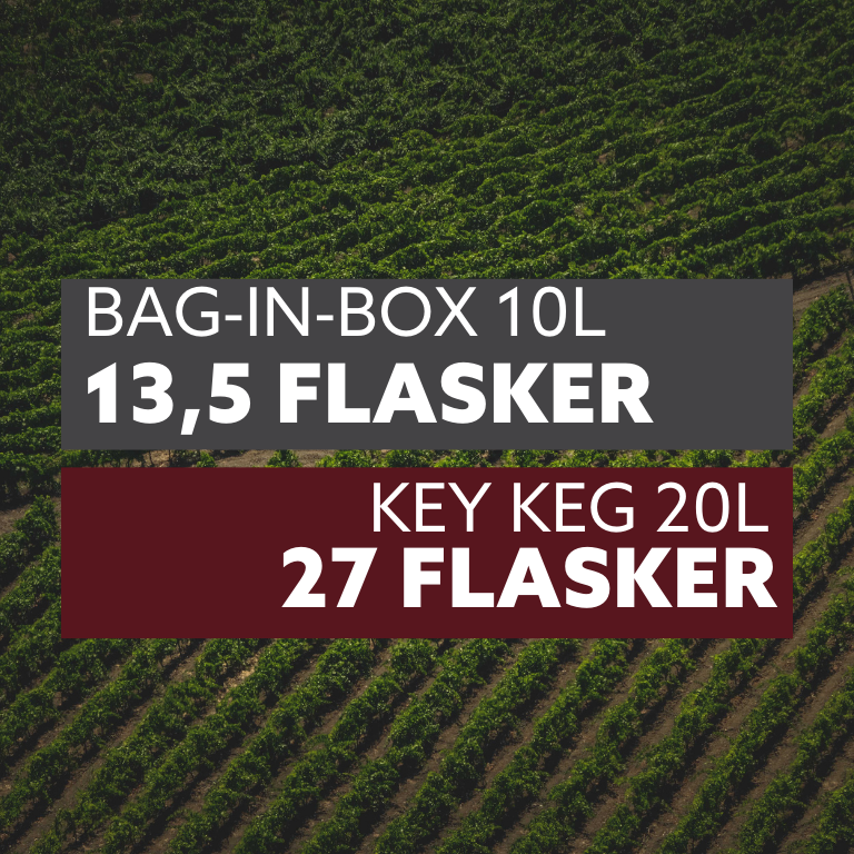 Billede af en vinmark med informationstekst: “Bag-in-Box 10L svarer til 13,5 flasker” og “Key Keg 20L svarer til 27 flasker”.