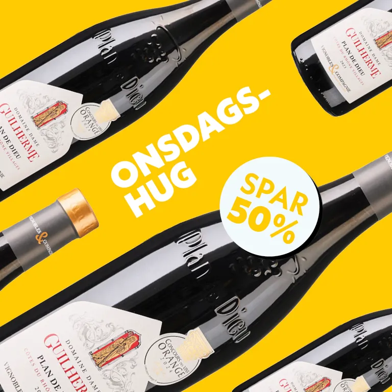 Gul hero med rødvinsflasker der indikerer tilbud