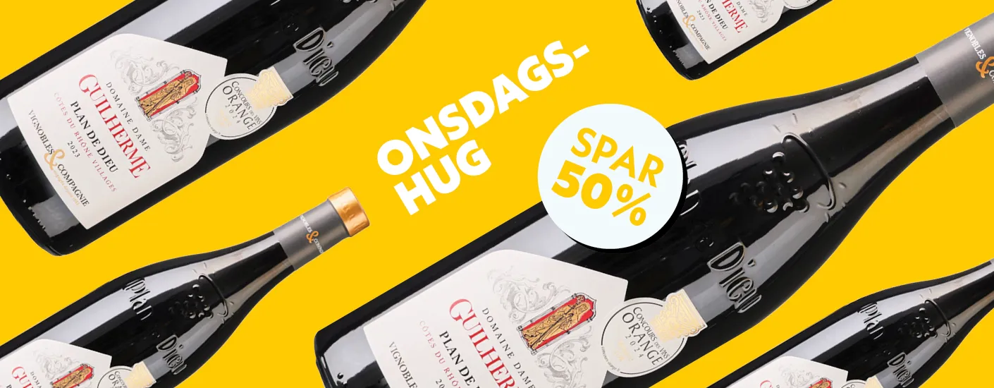 Gul hero med rødvinsflasker der indikerer tilbud